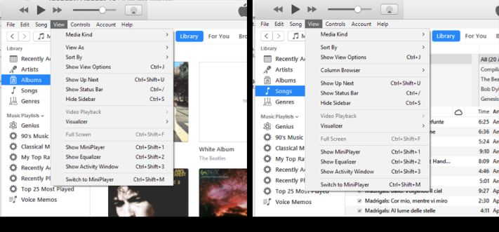 Az iTunes-ban attól függően változik a menü tartalma, hogy a Libraryben melyik opcióba lépünk.